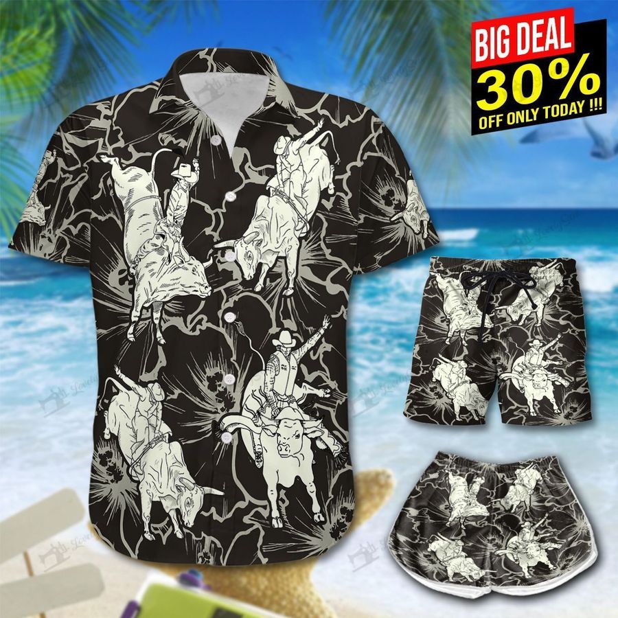 Bull Riding Hibiscus Hawaii Shirt and Shorts