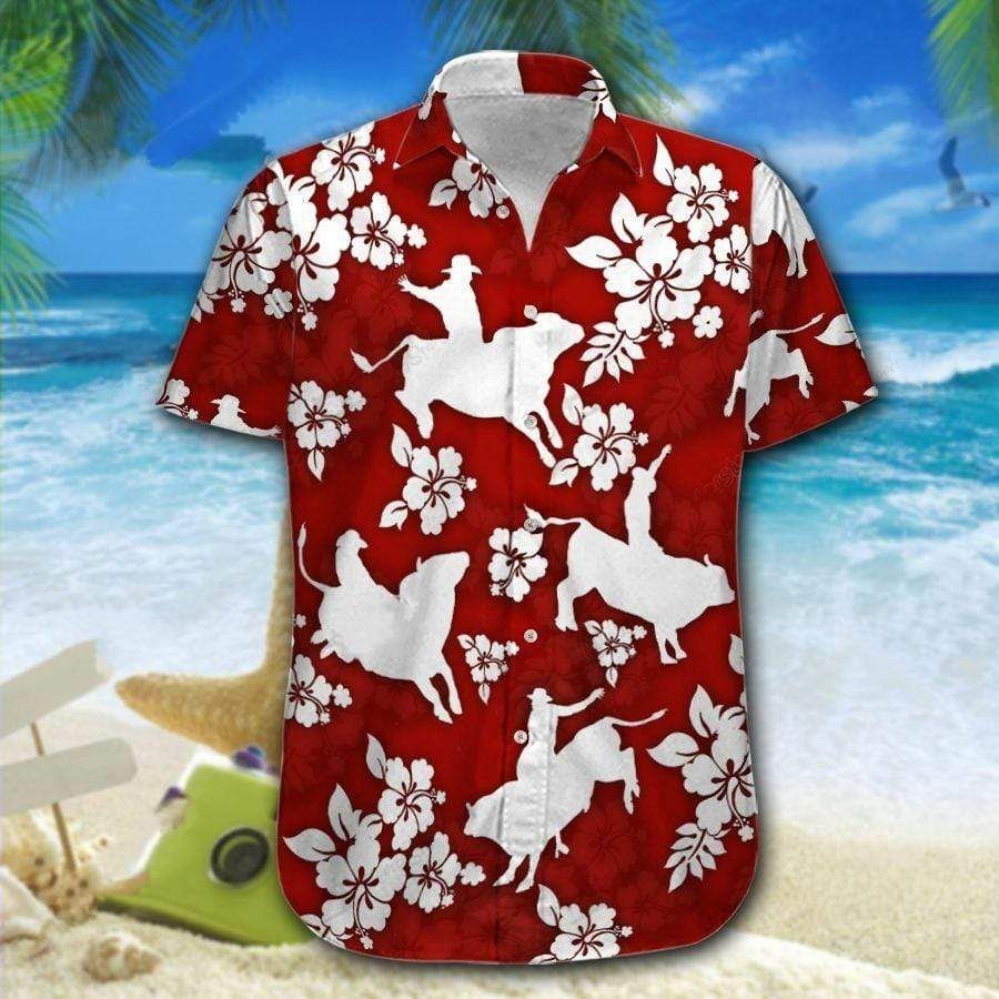 Bull Riding Red Hibiscus Hawaiian Shirt Pre10858, Hawaiian shirt, beach shorts, One-Piece Swimsuit, Polo shirt, funny shirts, gift shirts