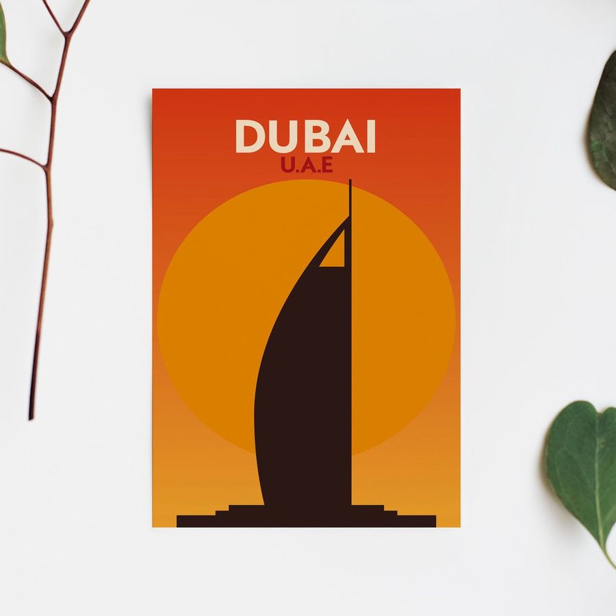 Burj Al Arab Hotel Dubai Abstract Sunset Landscape Architecture Wall Art Print - Minimalist Scandinavian Nordic Sunset Home Decor