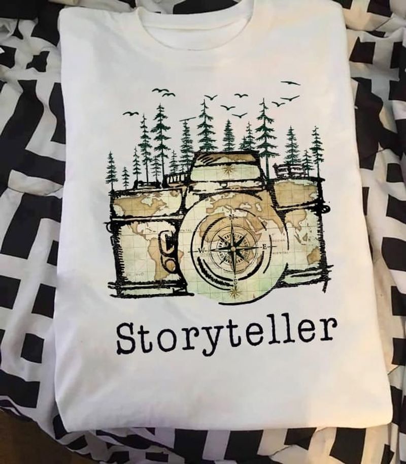 Camera Global Map Pine Forest And Birds Storyteller Love Travelling White T Shirt Men And Women S-6XL Cotton