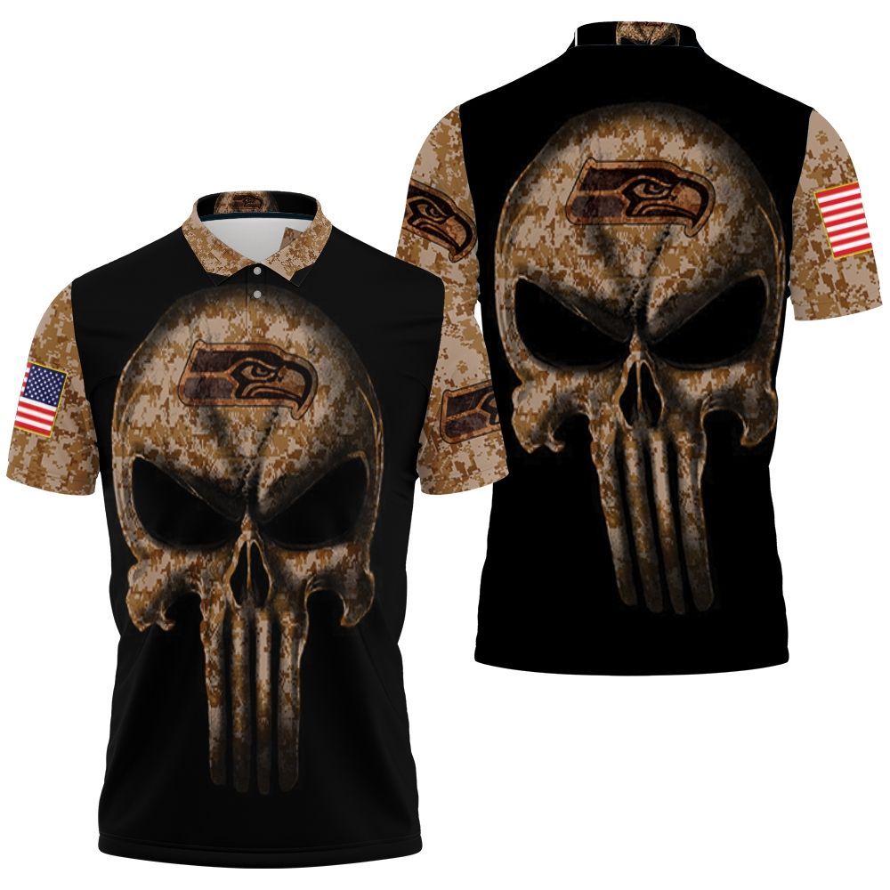 Camouflage Skull Seattle Seahawks American Flag Polo Shirt All Over Print Shirt 3d T-shirt