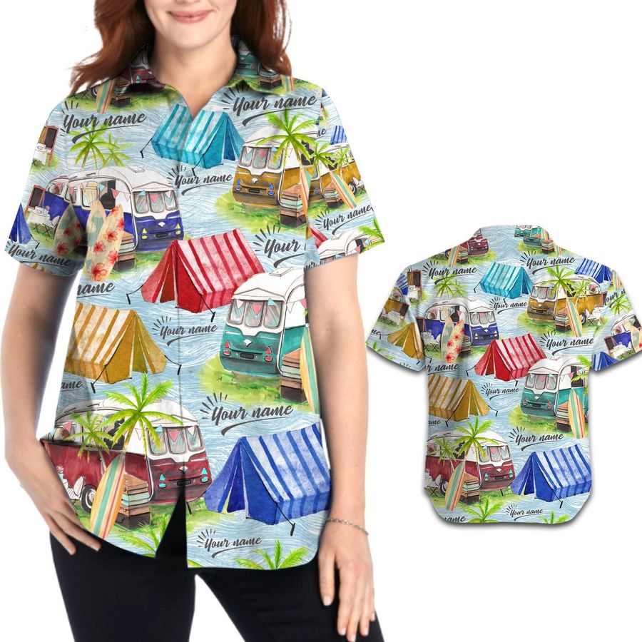 Camping Car Tent Tropical Coconut Tree Custom Name Personalized Gifts Women Aloha Button Up Hawaiian Shirt For Campers In Summer