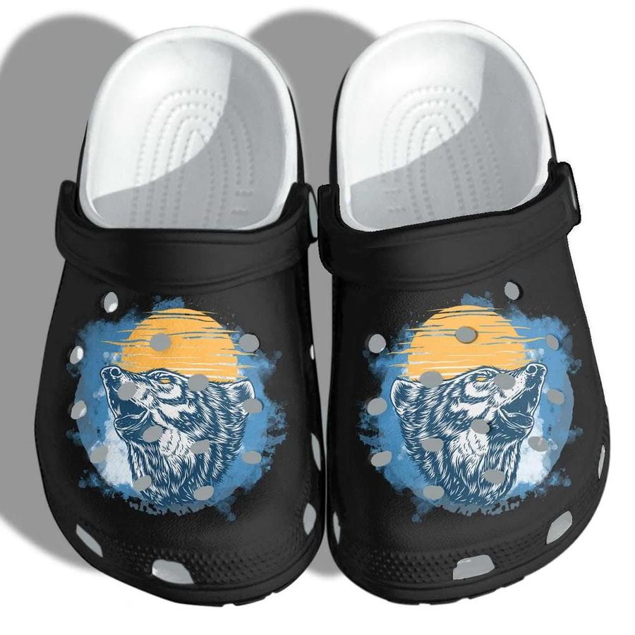 Camping The Wolf And Moon  Shoes Crocs Clog, Wolf Lover Croc Shoes Gifts For Son Husband