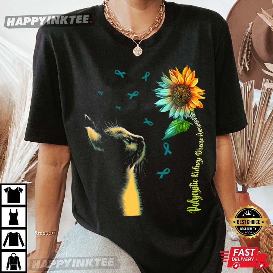 Cat Sunflower Polycystic Kidney Disease Awareness T-Shirt