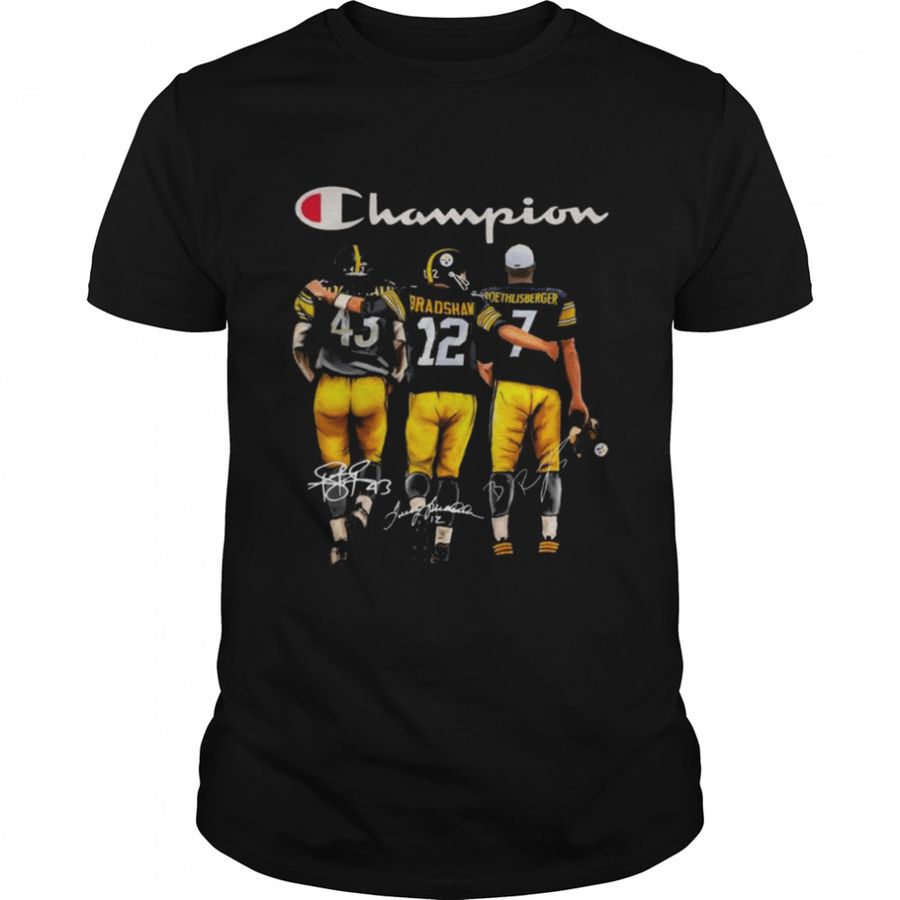 Champions Troy Polamalu and Terry Bradshaw and Ben Roethlisberger Pittsburgh Steelers signatures shirt