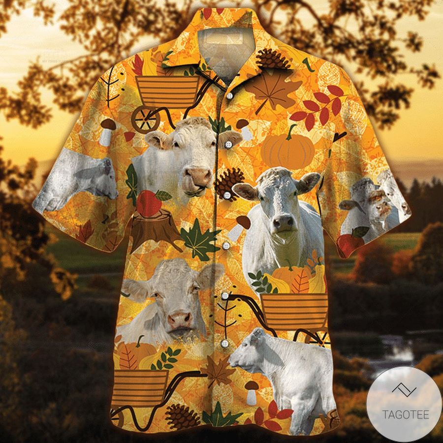 Charolais Cattle Lovers Orange Nature Autumn Hawaiian Shirt