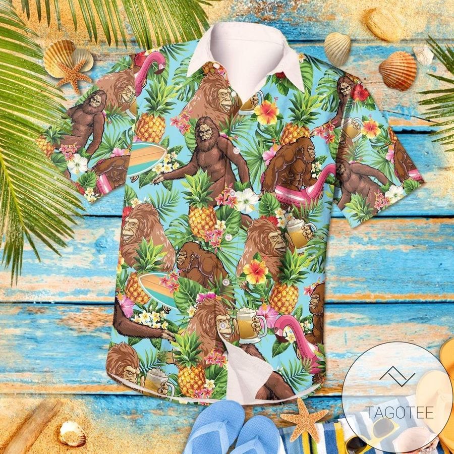 Check Out This Awesome Bigfoot Cheering Beer Summer Vibe Tropical Fruits Hawaiian Aloha Shirts