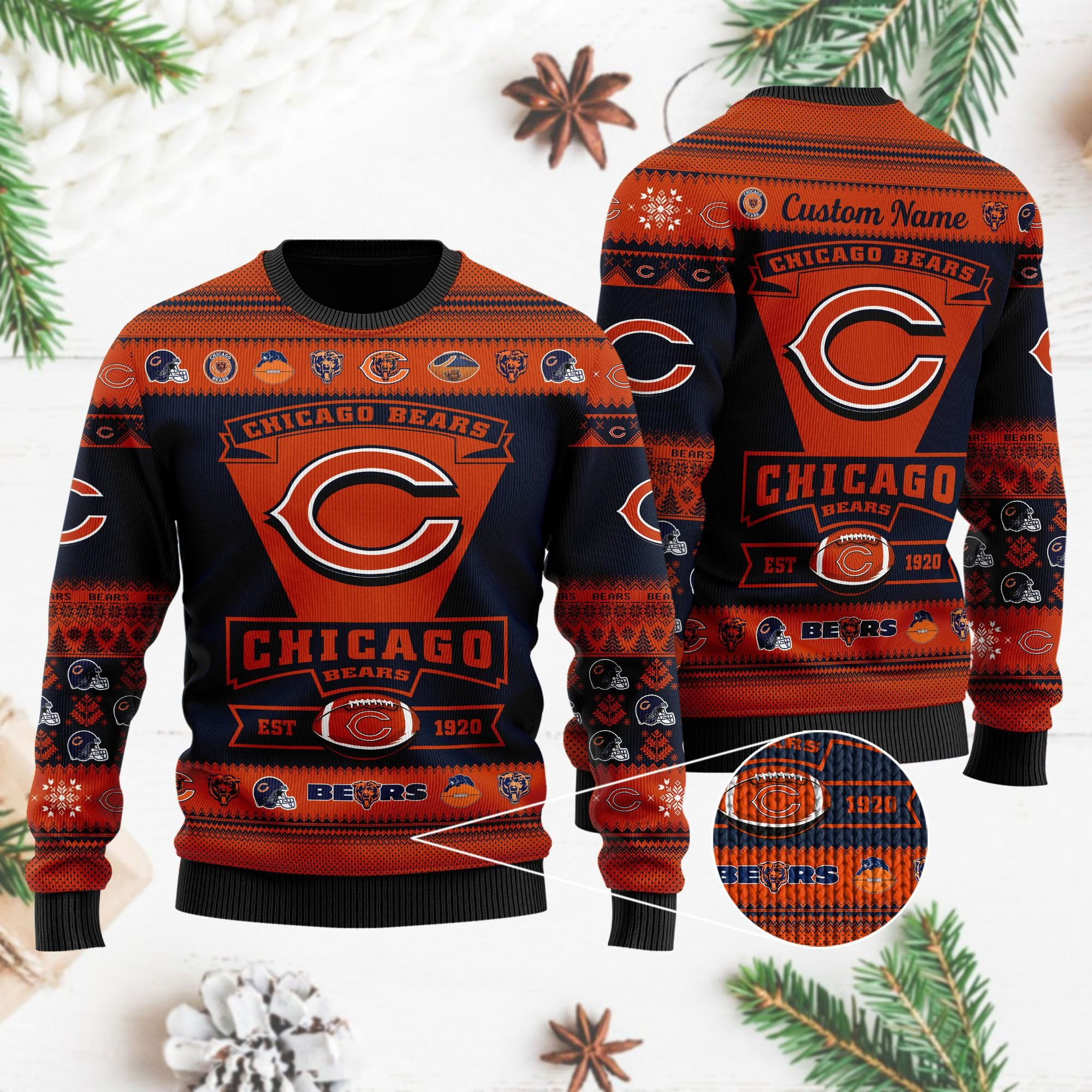 Chicago Bears Football Team Logo Custom Name Personalized Ugly Christmas