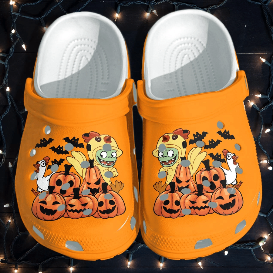 Chicken Dinosaur With Scary Pumpkin Shoes Clog Thanksgiving Halloween Crocs Crocband Clog.png