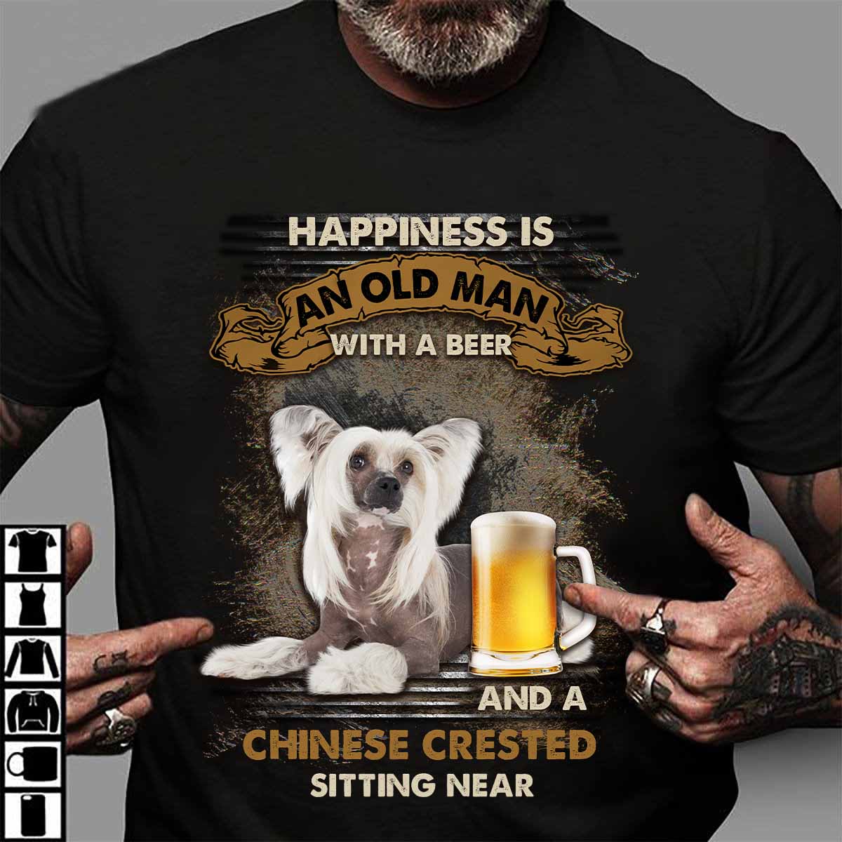 Chinese Crested Dog, Beer Lover – Happiness is an old man with a beer and a Chinese Crested sitting near