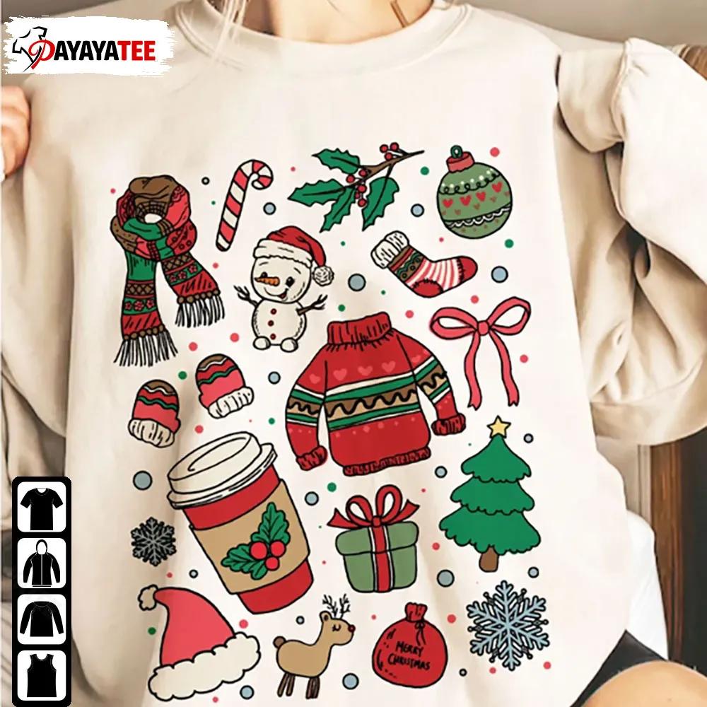 Christmas Doodles Shirt Coffe Snowman Christmas Tree Unisex