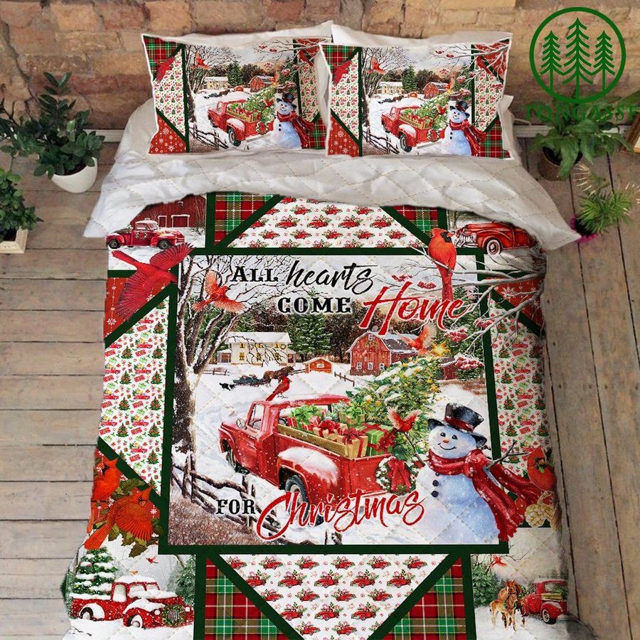 Christmas Red Truck All Hearts Come Home For Christmas Quilt Bedding Set