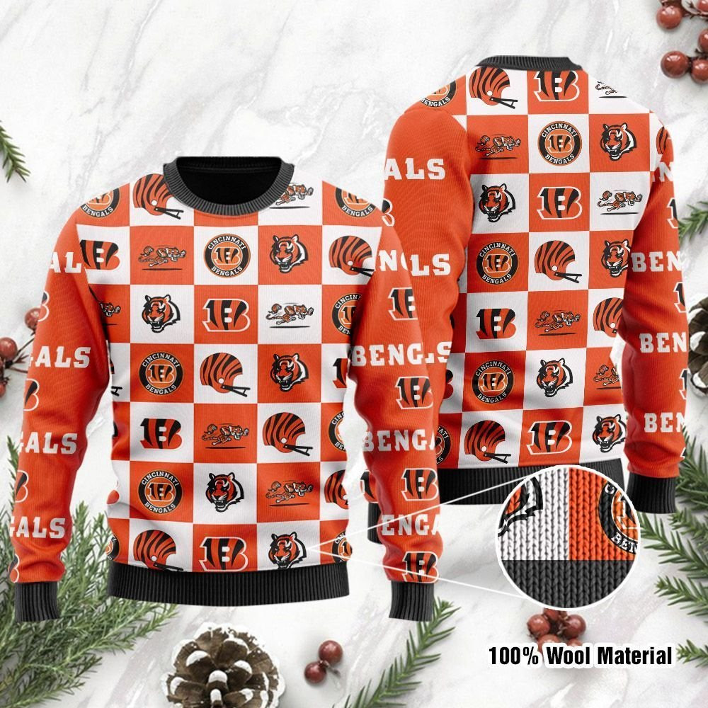 Cincinnati Bengals Logo Checkered Flannel Design Ugly Christmas Sweater Ugly