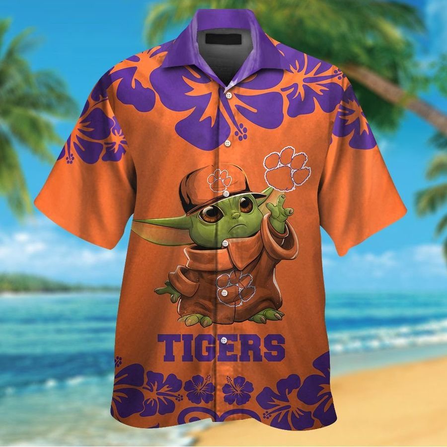 Clemson Tigers Baby Yoda Short Sleeve Button Up Tropical Aloha Hawaiian Shirts For Men Women