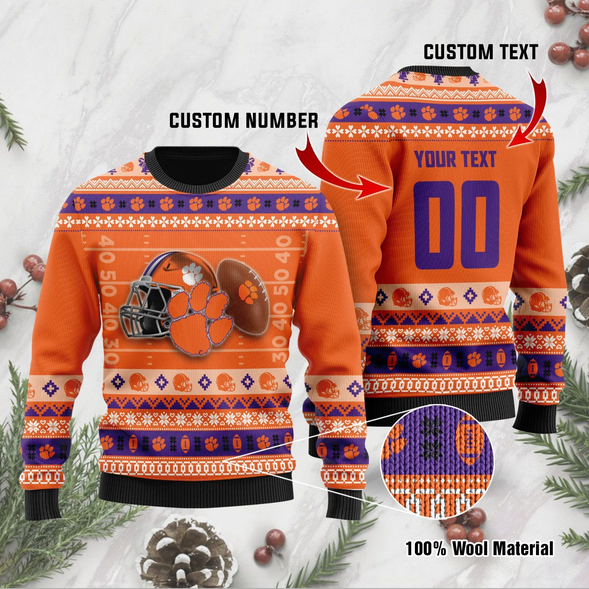 Clemson Tigers Custom Name  Number Personalized Ugly Christmas Sweater