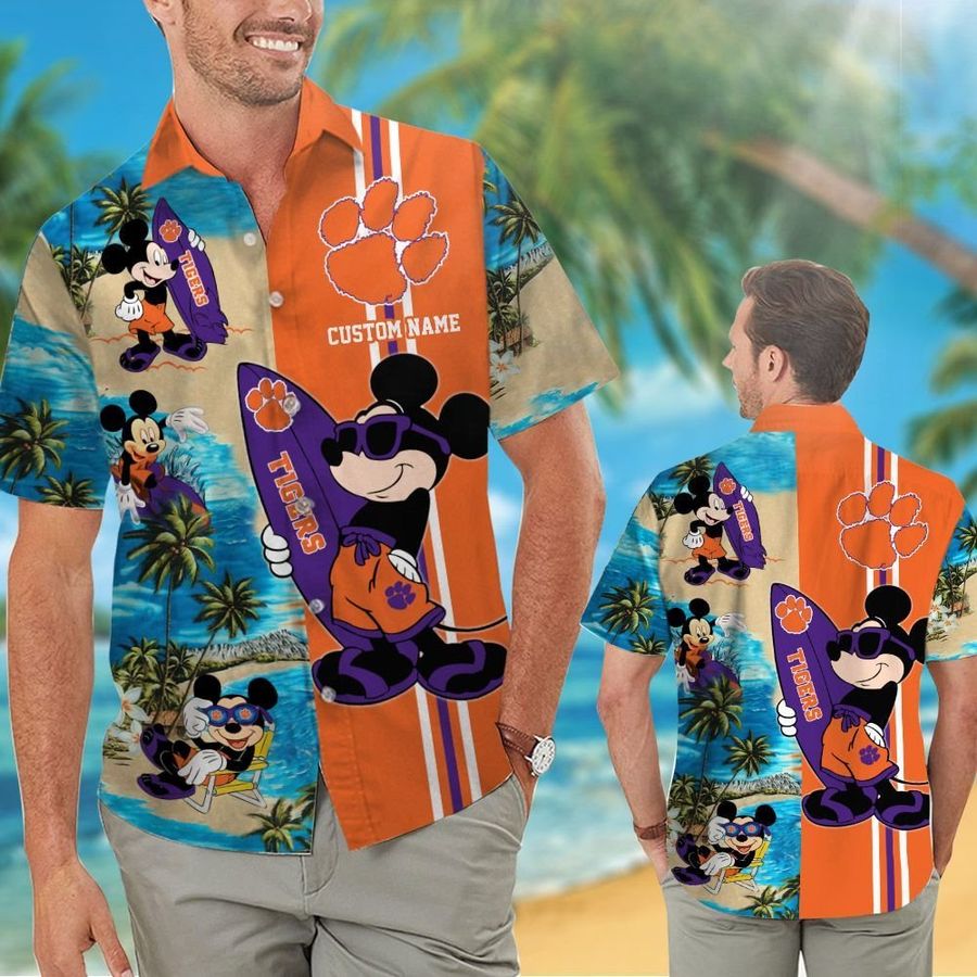 Clemson Tigers Mickey Custom Name Short Sleeve Button Up Tropical Aloha Hawaiian Shirts For Men Women Clemson University