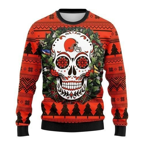 Cleveland Browns Skull Flower Ugly Christmas Sweater All Over Print
