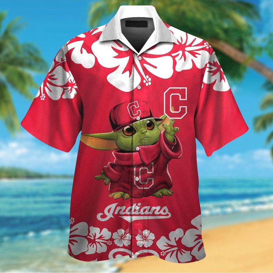 Cleveland Indians Baby Yoda Short Sleeve Button Up Tropical Aloha Hawaiian Shirts For Men Women