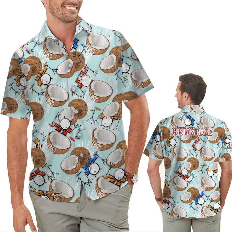 Coconut Pattern Drum Set Custom Name Men Hawaiian Aloha Beach Button Up Shirt For Drummers On Summer Vacation