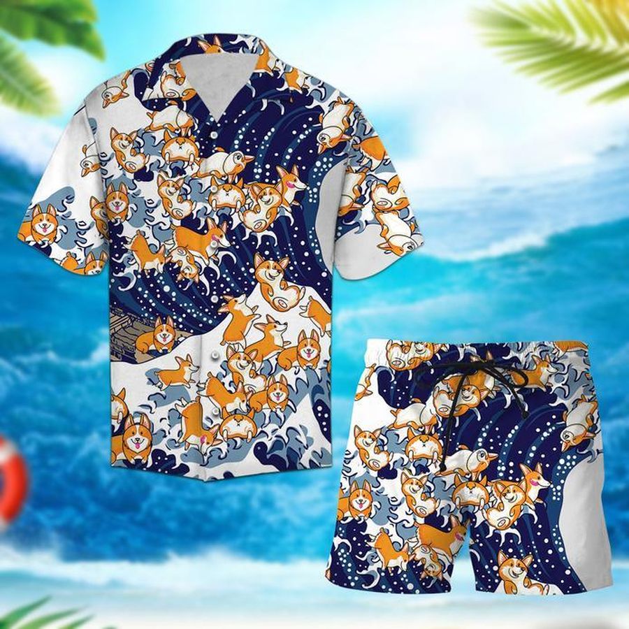 Corgi Waves Set Hawaiian Shirt Pre10523, Hawaiian shirt, beach shorts, One-Piece Swimsuit, Polo shirt, funny shirts, gift shirts, Graphic Tee