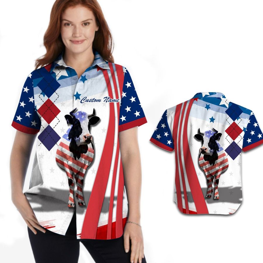 Cow American Flag Independence Day 4th Of July Custom Name Women Hawaiian Shirt