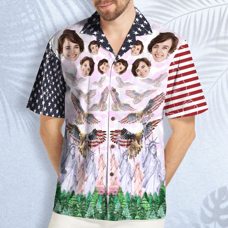 Custom Face Hawaiian Shirt, Personalized Pet, Adult, Kid Face Photo Shirt, Hawaii Shirt, Bald Eagle With American Flag Button Up Shirt Gift