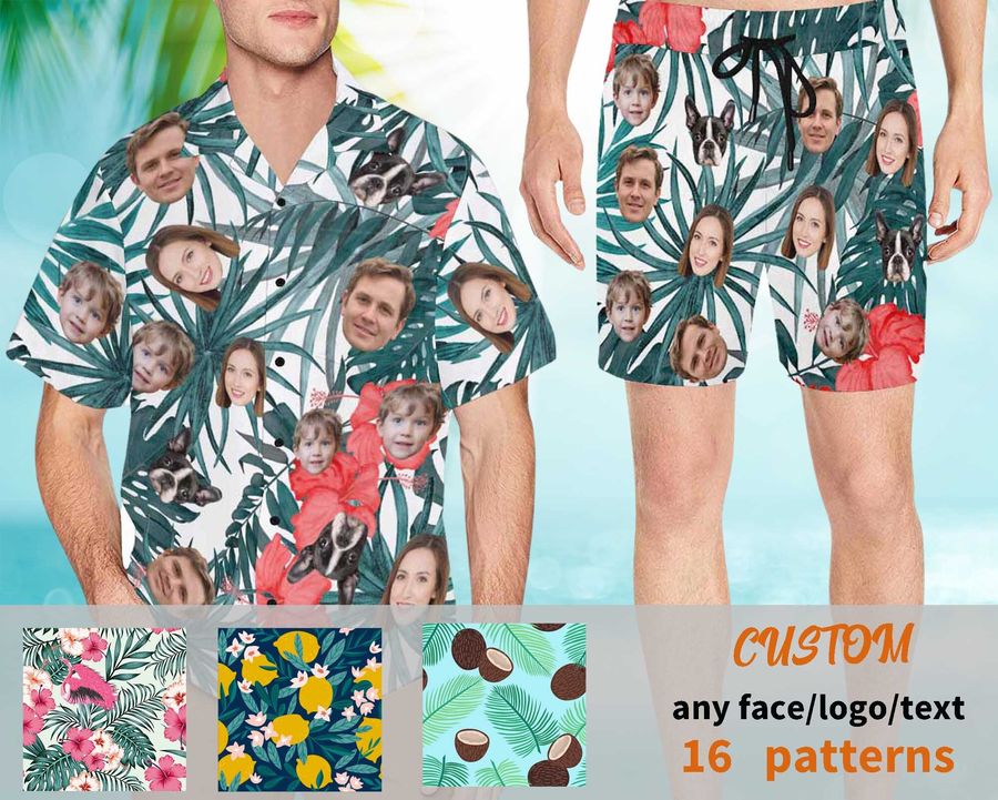 Custom Hawaiian Shirt with face,Button Down Hawaiian Shirt,Personalized Swim Trunk with Photo，Men's Beach Shorts ，Custom Board Short