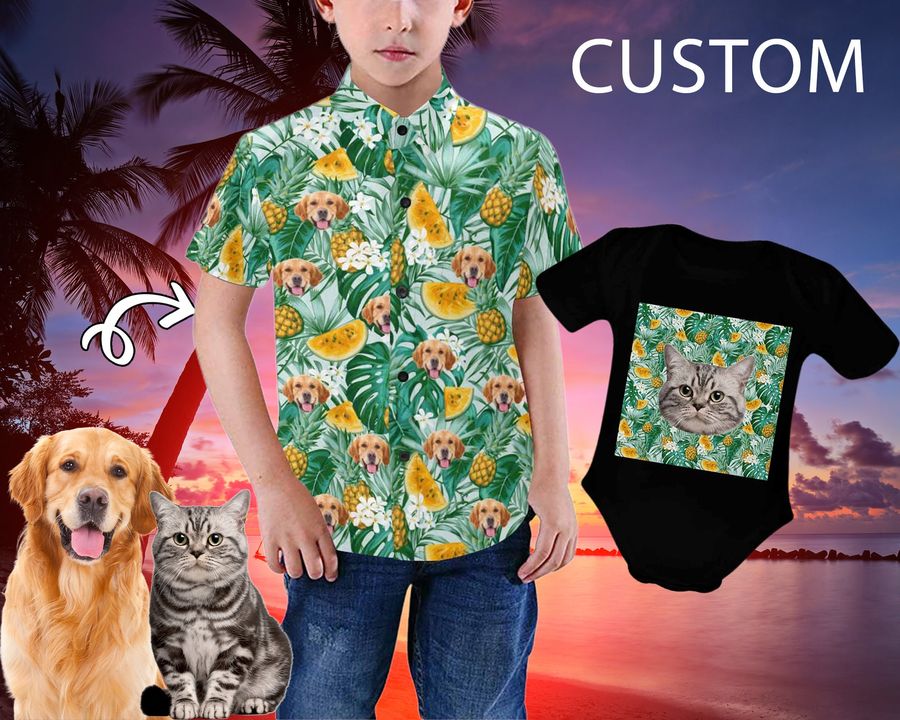 Custom Kid's Hawaiian Shirt Custom Baby One Piece Personalized Kid's Aloha Shirt Baby Onesie Family Party Vacation Gift for Kids Baby