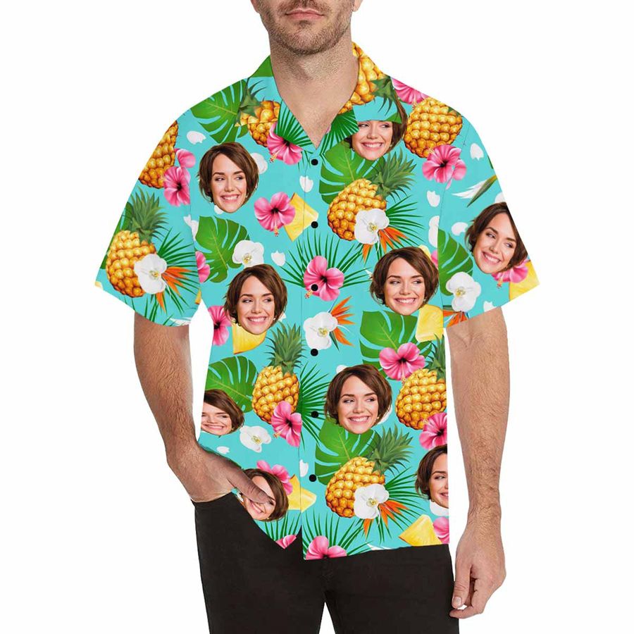 Custom Multi Faces Hawaiian Shirt,Personalized Face on T-shirts,Summer Gift for Him,Customize Button Downs Shirts,Tropical Leaves Birds