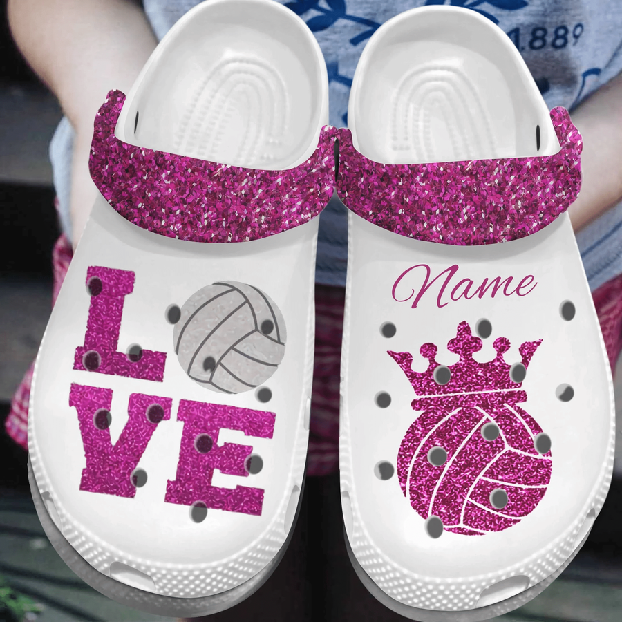 Custom Name Queen Bling Love Volleyball Gift For Lover Rubber Crocs Crocband Clogs, Comfy Footwear.png