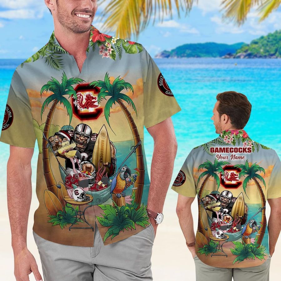Custom Name South Carolina Gamecocks Flamingo Parrot Short Sleeve Button Up Tropical Aloha Hawaiian Shirts For Men Women University Of South Carolina
