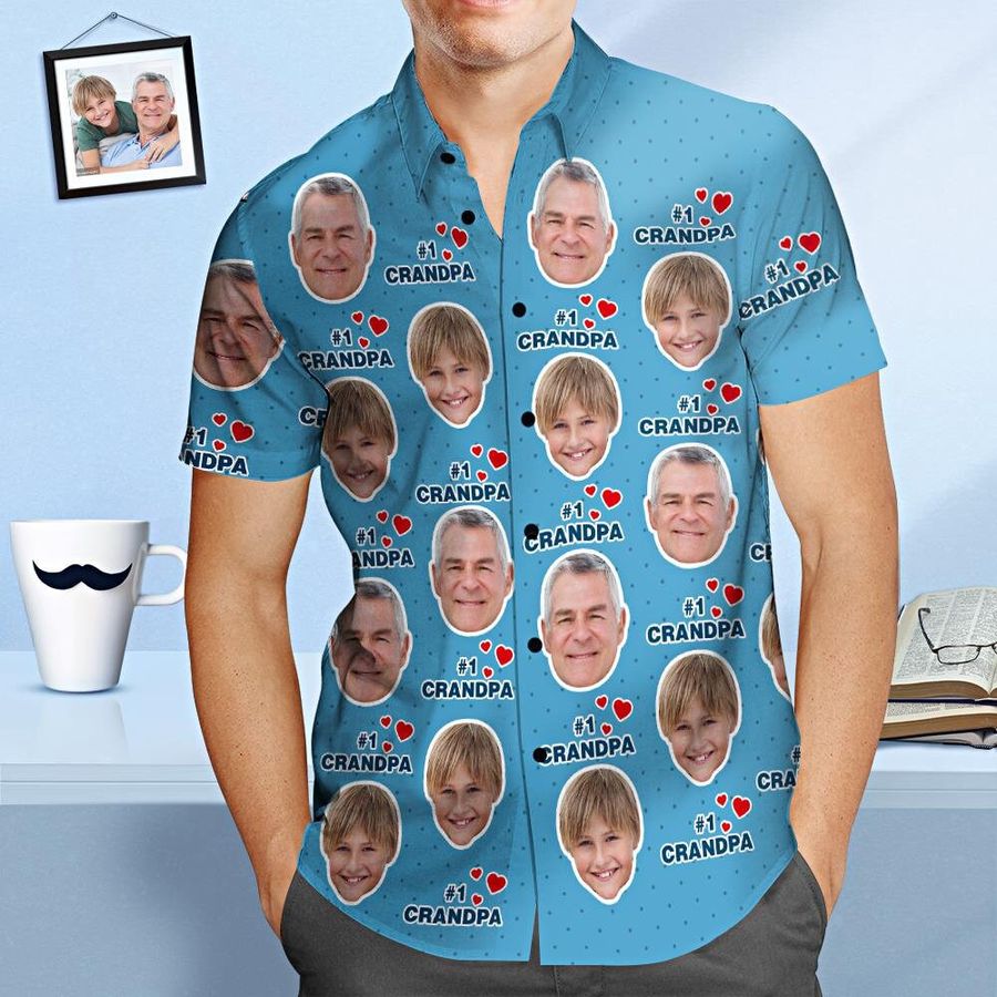 Custom Photo Face Shirt - Custom Men's Face Shirt All Over Print Hawaiian Shirt - #1 Grandpa - Beach Party T-Shirts as Holiday Gifts