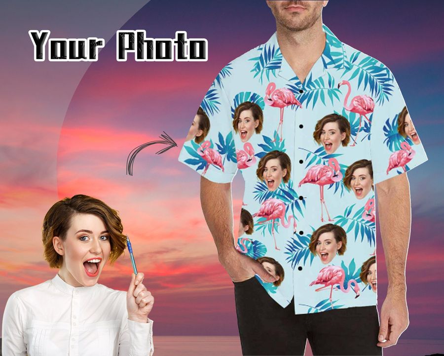 Custom Women Face Hawaiian Shirt Tropical Flamingo Pattern Personalized Aloha Shirt Face On Button Downs Shirts Boyfriend Gift