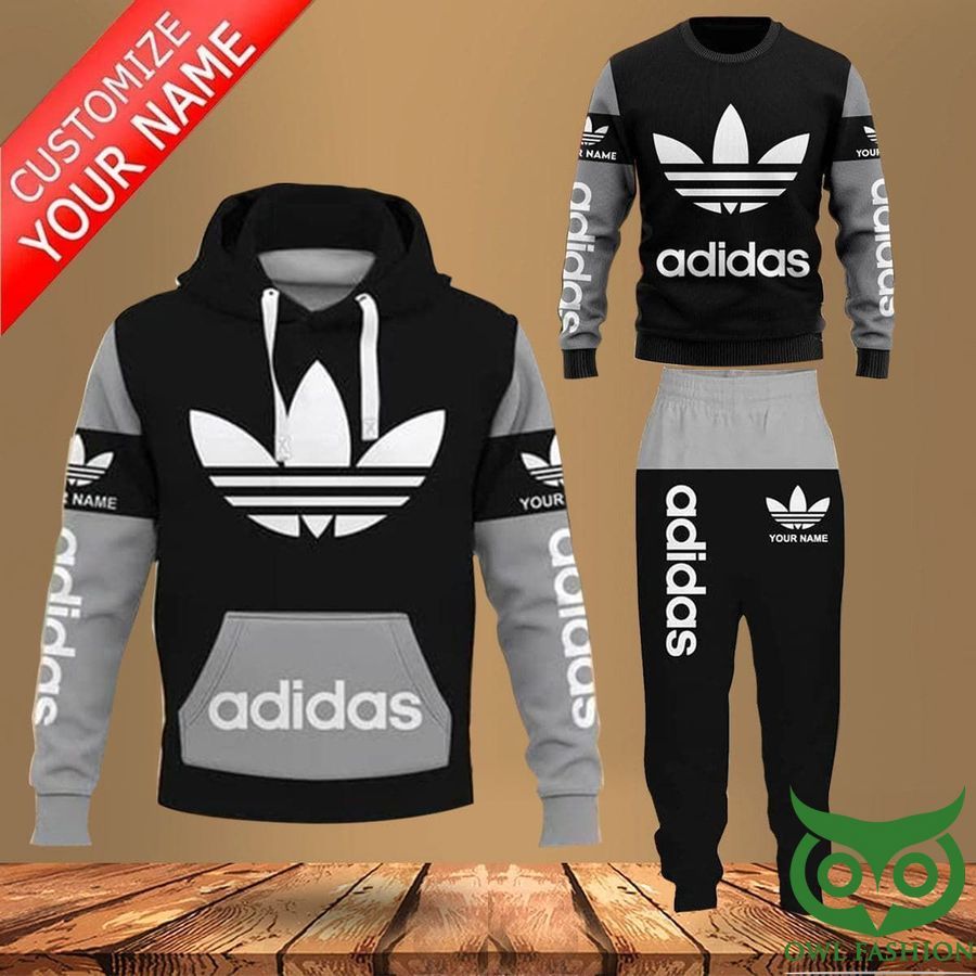 Customized Luxury Adidas Black with Gray Parts on Sleeve White Logo 3D Shirt and Pants