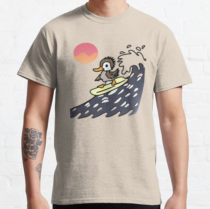 Cute black duck surfing the wavest funny illustration  ducks doing cute things anime Classic T-Shirt