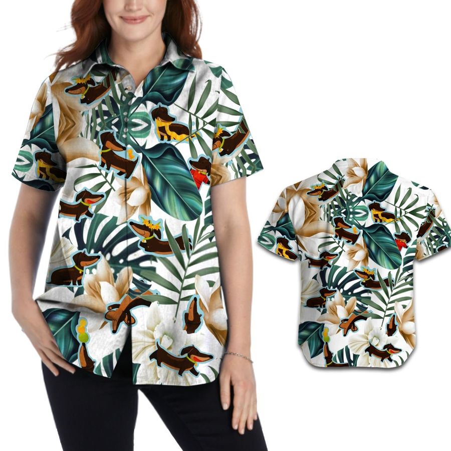 Cute Dachshund Women Hawaiian Aloha Tropical Floral Beach Button Up Shirt For Dog Lovers On Summer Vacation