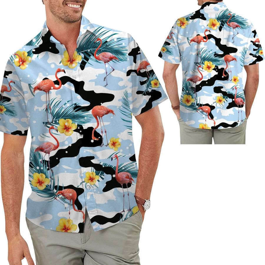 Cute Flamingo Camo Hibiscus Hawaiian Men Button Up Aloha Tropical Shirt For Bird Lovers And Owners On Beach Summer Vacation