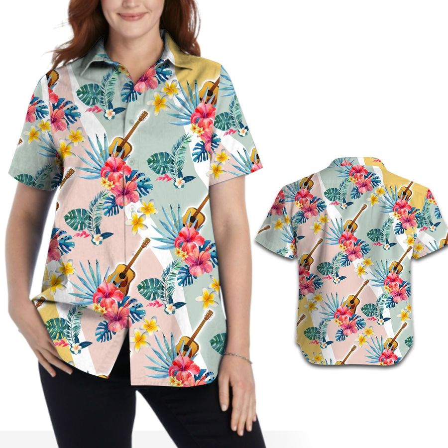 Cute Guitar Hawaiian Floral Hibiscus Women Aloha Tropical Shirt For Guitarists And Music Lovers On Beach Summer Vacation
