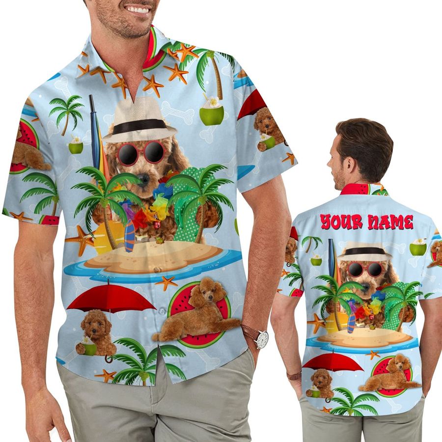 Cute Poodle Aloha Tropical Coconut Tree Custom Name Personalized Men Button Up Hawaiian Shirt For Dog Lovers In Summer