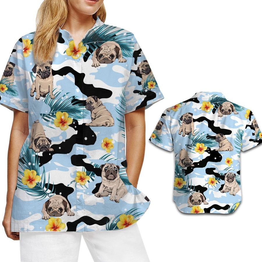 Cute Pug Camo Hibiscus Hawaiian Women Button Up Aloha Tropical Shirt For Dog Lovers And Owners On Beach Summer Vacation