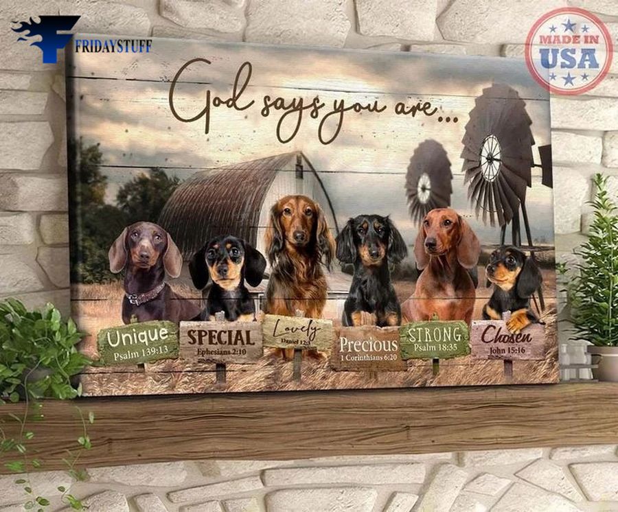 Dachshund Dog and God Says You Are Unique, Special, Lovely, Precious, Strong, In Farmhouse Poster
