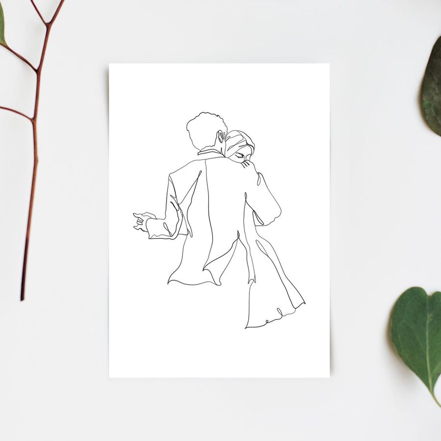 Dancing Couple Black and White One Line Drawing, Romantic Couple 100% Cotton Continuous Line Art Print, Relationship In Love Artwork