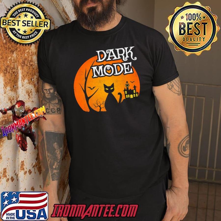 Dark Mode Black Cat Moon Spooky Scene Halloween T-Shirt