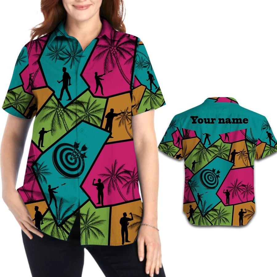 Darts Players Aloha Coconut Trees Custom Name Personalized Gifts Women Button Up Hawaiian Shirt For Sport Lovers In Summer