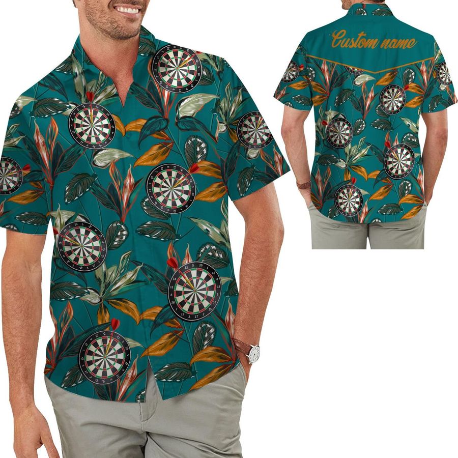 Darts Sporty Men Hawaiian Aloha Tropical Floral Custom Name Shirt For Darts Lovers On Summer Vacation