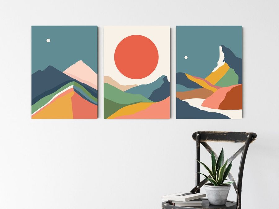 Day & Night Scenic Abstract Landscape Wall Art Prints Set of 3 - Minimal Sunset Moonlight River Mountains Sun Fine Art Prints Set of 3.