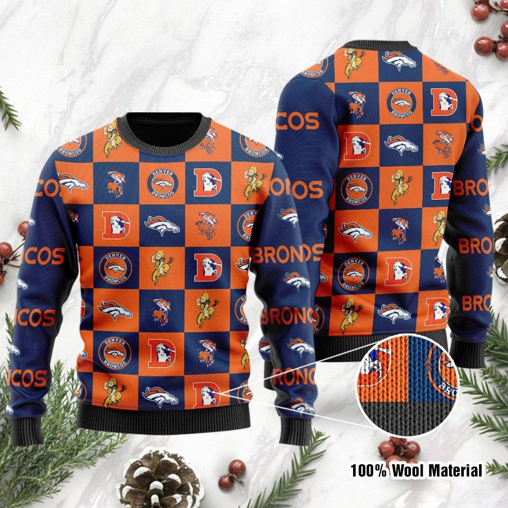 Denver Broncos Logo Checkered Flannel Ugly Christmas Sweater Ugly Sweater