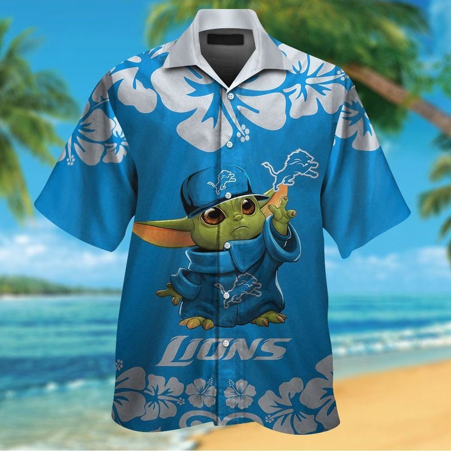 Detroit Lions Baby Yoda Short Sleeve Button Up Tropical Aloha Hawaiian Shirts For Men Women