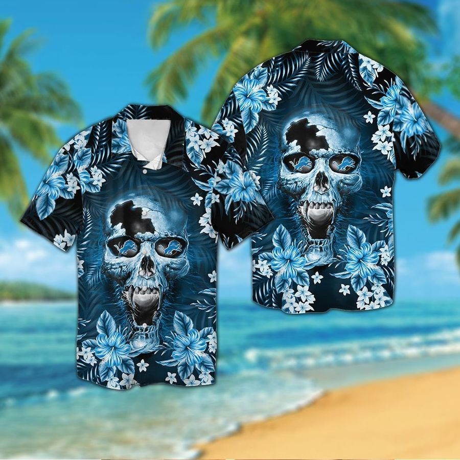Detroit Lionsskull Short Sleeve Button Up Tropical Aloha Hawaiian Shirts For Men Women