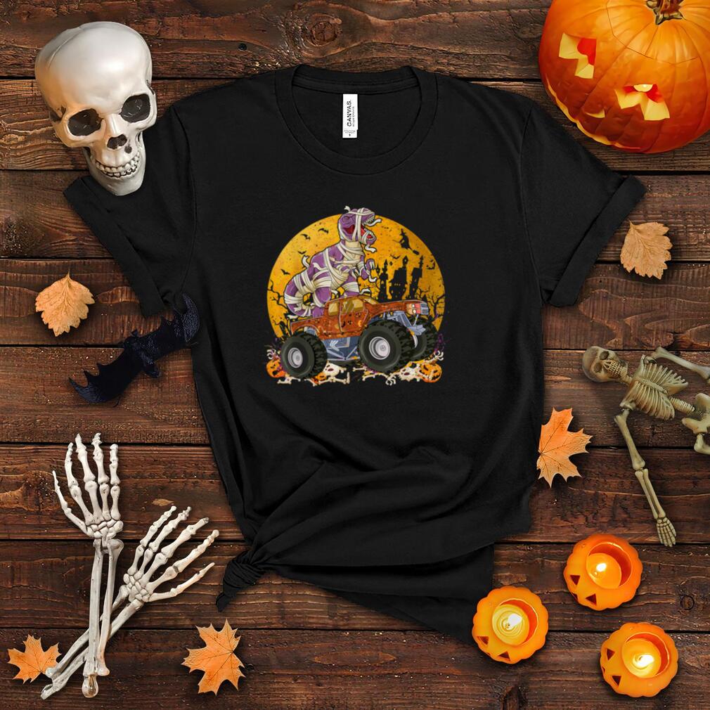 Dinosaur T rex Mummy Pumpkin Riding Monster Truck Halloween T Shirt